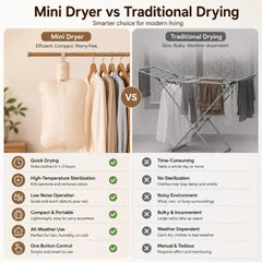 Portable Mini Clothes Dryer with Foldable Drying Bag, 4-Hour Drying, 1-Hour UV Function, Rotating Hanging Handle & Integrated Storage
