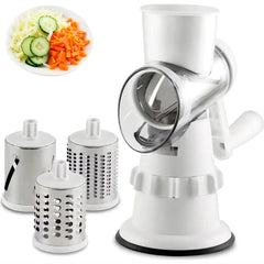 3-in-1 Manual Rotary Vegetable Slicer & Cheese Grater with 3 Stainless Steel Drum Blades, 12X Fast Cutting, Hand Crank, Food Pusher & Non-Slip Suction Base
