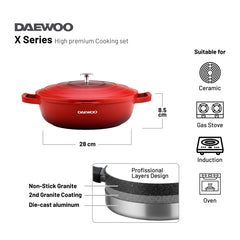 Daewoo TS Series Granite Cooking Set of 9 Pcs (32,28,24 cm Pot, 28 cm Pan, 28 cm  Casserole) with 4 Pcs Silicone Pot Handle - Red