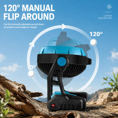 48V Cordless Rechargeable Portable Camping Fan with LED Work Light, 120° Adjustable Tilt, Multi-Speed Airflow, Battery & AC Adapter Compatible, Includes 48V Lithium Battery & Charger