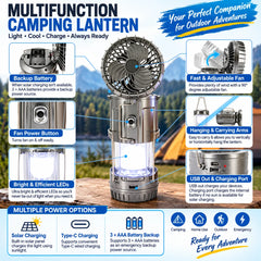 6-in-1 Portable Solar LED Camping Lantern & 90° Adjustable Fan with Type-C Charging, USB Power Bank & 3 AAA Battery Backup