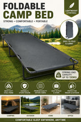 Heavy Duty Foldable Camping Bed 190 x 72 x 28 CM with 150Kg Load Capacity, Steel Frame, Oxford Fabric, Elastic Strap Pillow, Blanket & Eye Mask for Indoor & Outdoor Use