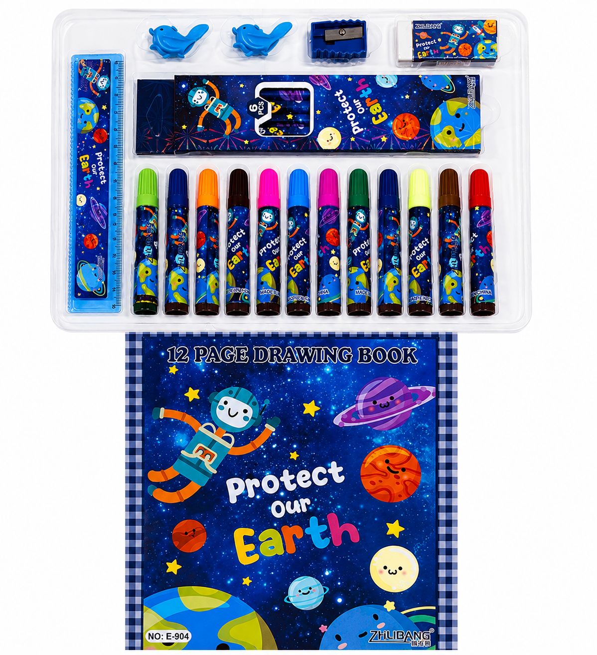 Zhilibang Space Theme Kids Art & Stationery Set with 12 Color Markers, 12-Page Drawing Book, Ruler, Eraser, Sharpener, 6 Pencils & Clips – Protect Our Earth Creative Learning Kit