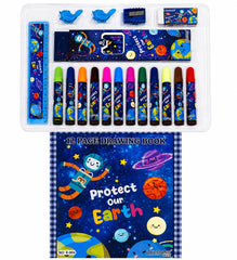Zhilibang Space Theme Kids Art & Stationery Set with 12 Color Markers, 12-Page Drawing Book, Ruler, Eraser, Sharpener, 6 Pencils & Clips – Protect Our Earth Creative Learning Kit