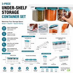 3-Piece 900ml Under-Shelf Food Storage Container Set with Hanging Rail, Airtight Lids, Easy-Pour Corners & Tool-Free Installation "