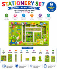 17 PCS Dinosaur Cartoon Stationery Set with Notebook, Crayons, Diary, Scale, Eraser, Sharpener, Pencils & Storage Box for Kids