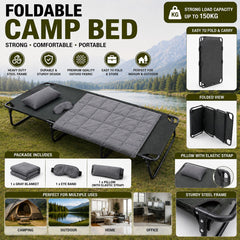 Heavy Duty Foldable Camping Bed 190 x 72 x 28 CM with 150Kg Load Capacity, Steel Frame, Oxford Fabric, Elastic Strap Pillow, Blanket & Eye Mask for Indoor & Outdoor Use