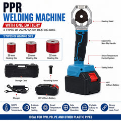 48V Cordless Plastic Pipe Fusion Welding Machine with 320°C Constant Temperature, 4-Minute Rapid Heating, Smart Temperature Control, Battery Power Display, Safety Switch & 20/25/32 mm Heating Dies