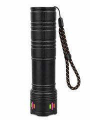 Rechargeable Portable LED Flashlight with Dual Light Source, High Low Strobe Main Light, SMD White & Red Flash Side Light, Type-C Charging & Safety Wrist Strap for Camping & Emergency Use