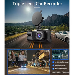 1080P Full HD 3 Channel Car Dash Camera with Front, Cabin & Rear Recording, 140° Wide Angle, Infrared Night Vision, G-Sensor, Motion Detection & Parking Monitor