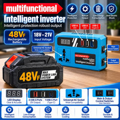 Multifunction Intelligent Inverter with 2 × 48VF Rechargeable Batteries, 18–21V Input, Universal AC Socket, LED Display, 2 USB-A Ports, USB-C Port & Intelligent Protection