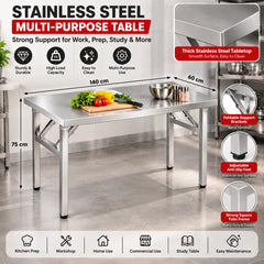 Heavy Duty Folding Stainless Steel Multi-Purpose Table with 150 KG Load Capacity, 4 CM Thickened Tabletop, Double-Spring Folding Support & Anti-Slip Feet
