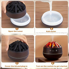 300ML Charcoal Fire Humidifier & Ambient Light with 2 Spray Modes, 2 Light Modes, Auto Shut-Off & Silent Operation