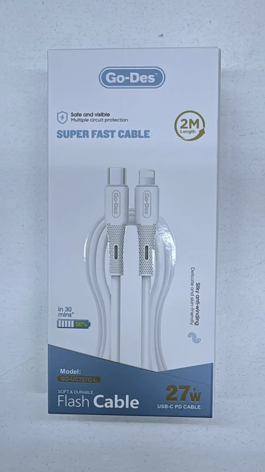 Go-Des 53-GD-UC727-2 2M USB-C to Lightning 27W PD Fast-Charging Cable with Pure Copper Core, Multiple Circuit Protection and Anti-Bending Design