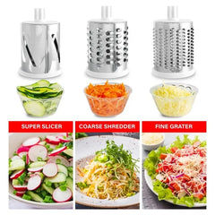 3-in-1 Manual Rotary Vegetable Slicer & Cheese Grater with 3 Stainless Steel Drum Blades, 12X Fast Cutting, Hand Crank, Food Pusher & Non-Slip Suction Base