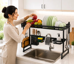 85CM Multifunctional Over Sink Dish Drying Rack with Knife Holder, Cutting Board Stand, Hanging Basket & Utensil Hooks – Heavy Duty Kitchen Drainage Storage Organizer for Double Sink Countertops