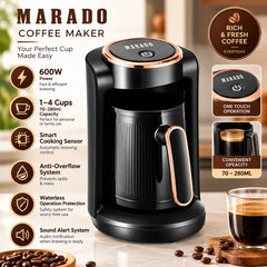 MARADO 600W Turkish Coffee Maker with 1–4 Cup 70–280ml Capacity, Smart Cooking Sensor, Anti-Overflow Protection, Waterless Safety System & Sound Alert