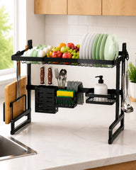 85CM Multifunctional Over Sink Dish Drying Rack with Knife Holder, Cutting Board Stand, Hanging Basket & Utensil Hooks – Heavy Duty Kitchen Drainage Storage Organizer for Double Sink Countertops