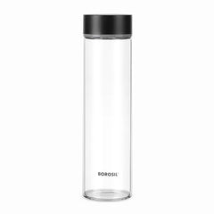 Borosil Neo Borosilicate Glass Water Bottle 550 ml with Black Stainless Steel Lid, Freezer & Dishwasher Safe