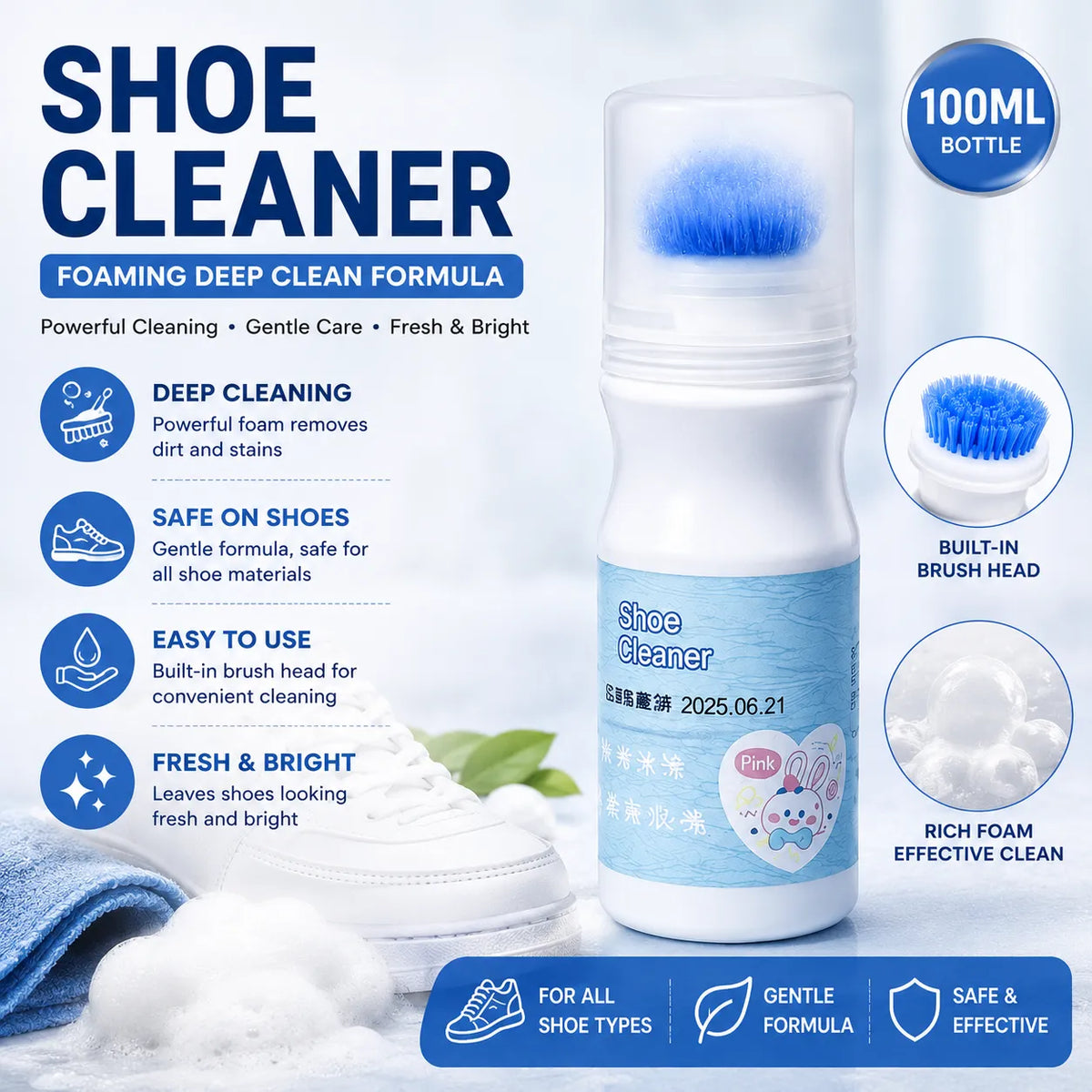 100ml Shoe Cleaning Solution with Built-In Brush, Press & Brush Applicator for Sports, Leather, Canvas & White Shoes