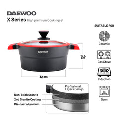 Daewoo X Series 9-Piece Granite Cooking Set (32,28,24 cm Pot, 28 cm Pan, 28 cm  Casserole)  with Free 2 Pcs of Utensil Tools