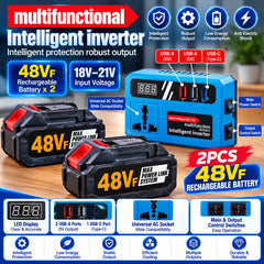 Multifunction Intelligent Inverter with 2 × 48VF Rechargeable Batteries, 18–21V Input, Universal AC Socket, LED Display, 2 USB-A Ports, USB-C Port & Intelligent Protection