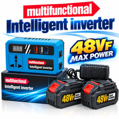Multifunction Intelligent Inverter with 2 × 48VF Rechargeable Batteries, 18–21V Input, Universal AC Socket, LED Display, 2 USB-A Ports, USB-C Port & Intelligent Protection