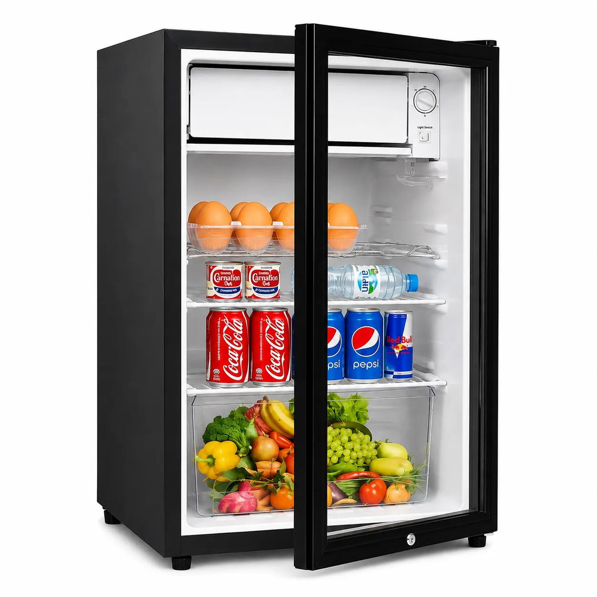 135L Glass Door Mini Refrigerator with Ice Bar, Adjustable 5-Level Thermostat, LED Interior Light, Tempered Glass Shelves, Steel Bottle Rack, Crisper Drawer, Key Lock & Energy Efficient Beverage Cooler
