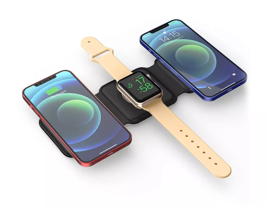 شاحن سفر لاسلكي مغناطيسي محمول قابل للطي 3 في 1 بقوة 15 وات للهواتف الذكية وiWatch وAirpods