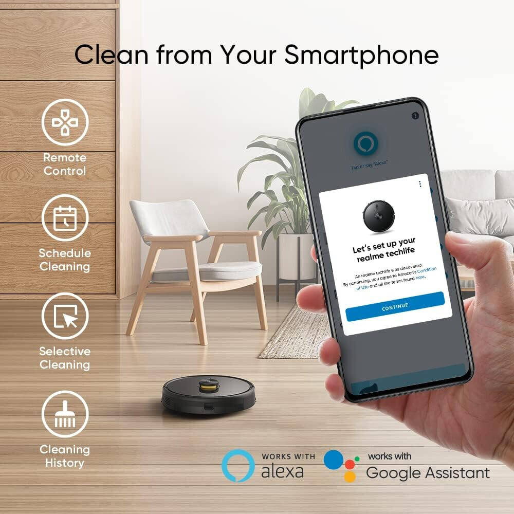 مكنسة كهربائية روبوتية قابلة لإعادة الشحن من Realme Techlife 2 في 1 مع بطارية 5200 مللي أمبير في الساعة، ومكنسة كهربائية وممسحة مع خرائط ذكية بتقنية LiDAR و38 مستشعرًا