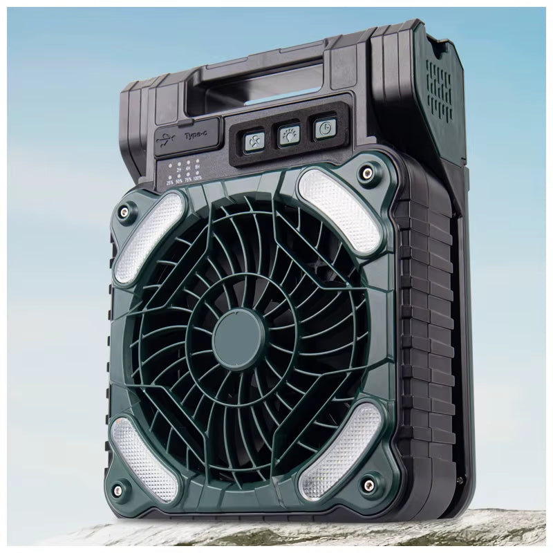 Portable Rechargeable Camping Fan with LED Light, 4 Speed Settings, 3 LED Brightness Levels, 2H/4H/8H Timer, 90° Foldable Stand & USB-C Charging