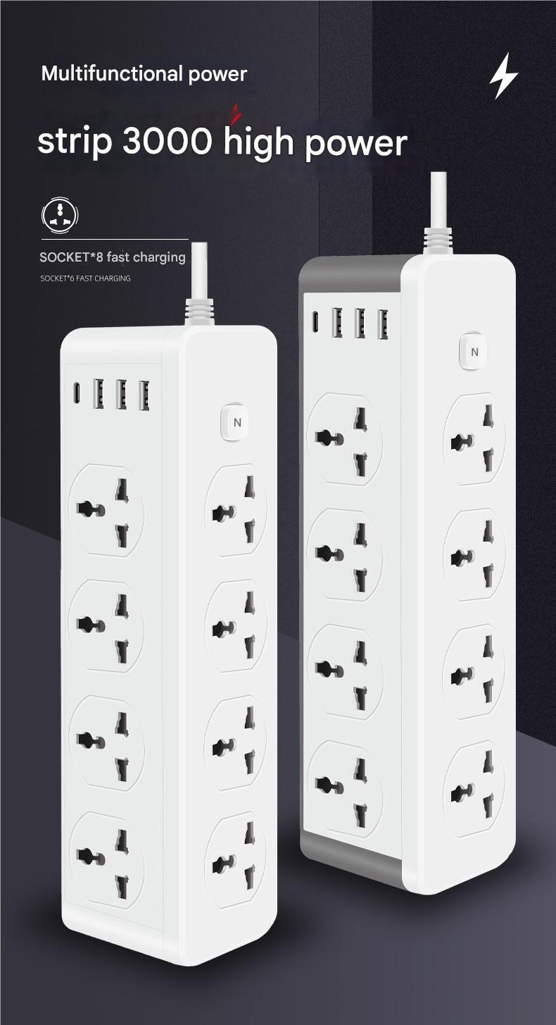 3000W Power Strip Extension with 8 Universal Outlets, 3.1A USB & Type-C Ports, Overload, Surge & Short Circuit Protection for Home & Office - 2 Metres Length