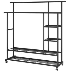 Heavy Duty Double Pole Rolling Clothes Rack & Multi-Layer Storage Organizer with Lockable Wheels, Side Shelves, Bottom Shoe Rack & 88Kg Load Capacity 148x130x40CM