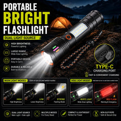 Rechargeable Portable LED Flashlight with Dual Light Source, High Low Strobe Main Light, SMD White & Red Flash Side Light, Type-C Charging & Safety Wrist Strap for Camping & Emergency Use