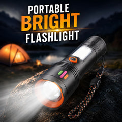 Rechargeable Portable LED Flashlight with Dual Light Source, High Low Strobe Main Light, SMD White & Red Flash Side Light, Type-C Charging & Safety Wrist Strap for Camping & Emergency Use