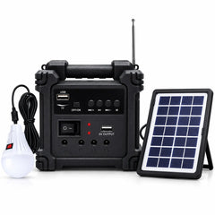 Portable Solar Power Station with 3600mAh Rechargeable Battery, 5W Wireless Speaker, FM Radio, LED Torch & Flood Light, Solar Charging, USB/TF Playback, 5V USB Output & External LED Bulb