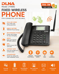 DLNA Fixed Wireless Phone with Dual UIM SIM Support, 1000mAh Inbuilt Rechargeable Battery, Large Digital Display, FM Radio, SMS, Voice Broadcast & Loudspeaker