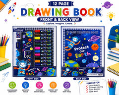 Zhilibang Space Theme Kids Art & Stationery Set with 12 Color Markers, 12-Page Drawing Book, Ruler, Eraser, Sharpener, 6 Pencils & Clips – Protect Our Earth Creative Learning Kit