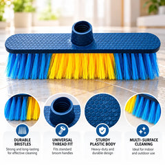 Heavy Duty 29 CM Multi-Surface Broom Head with 7 CM Dense Durable Bristles, Threaded Handle Fit & Sturdy Plastic Body