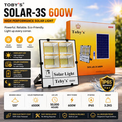 TOBY'S Solar-3S 600W Solar LED Flood Light with RC, IP65 Waterproof, 6500K Daylight, 120° Beam Angle, Outdoor Security & Garden Lighting Kit