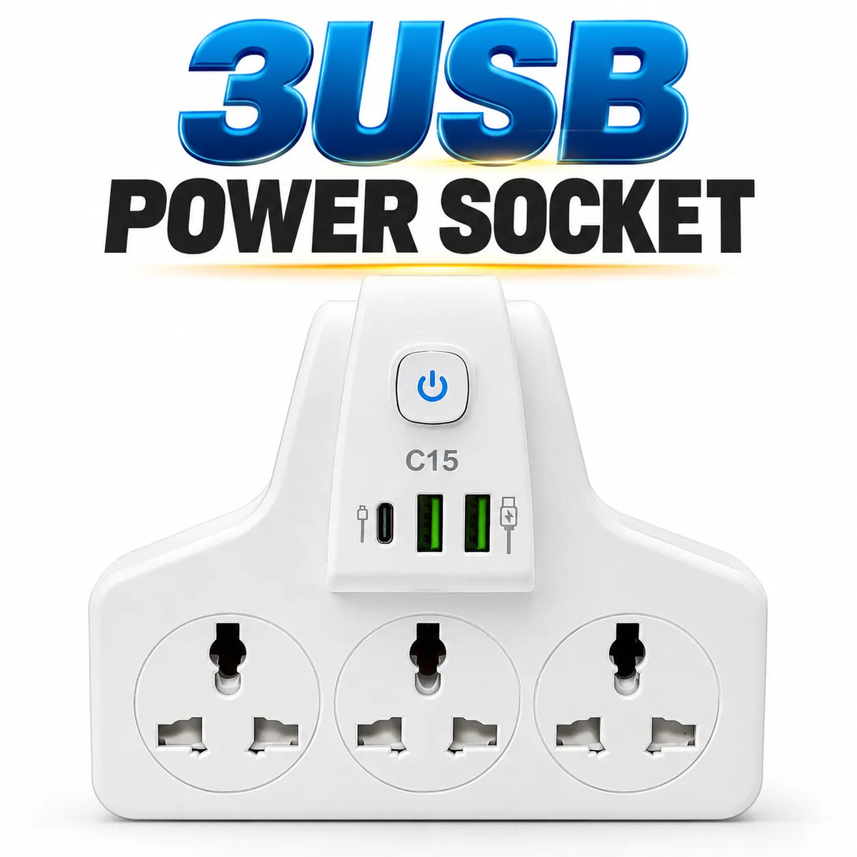 2500W Smart Power Wall Socket Adapter with 3 Universal AC Outlets, 2 USB Ports, 1 Type-C Fast Charging Port, 10A Heavy Duty Multi Plug, Power Switch & Flame Retardant Safety Design