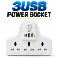 2500W Smart Power Wall Socket Adapter with 3 Universal AC Outlets, 2 USB Ports, 1 Type-C Fast Charging Port, 10A Heavy Duty Multi Plug, Power Switch & Flame Retardant Safety Design