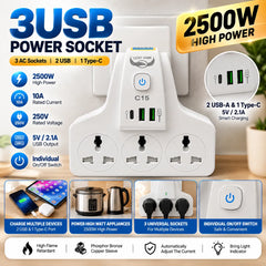 2500W Smart Power Wall Socket Adapter with 3 Universal AC Outlets, 2 USB Ports, 1 Type-C Fast Charging Port, 10A Heavy Duty Multi Plug, Power Switch & Flame Retardant Safety Design