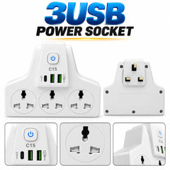 2500W Smart Power Wall Socket Adapter with 3 Universal AC Outlets, 2 USB Ports, 1 Type-C Fast Charging Port, 10A Heavy Duty Multi Plug, Power Switch & Flame Retardant Safety Design