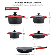 Daewoo X Series 9-Piece Granite Cooking Set (32,28,24 cm Pot, 28 cm Pan, 28 cm  Casserole)  with Free 2 Pcs of Utensil Tools