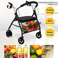 Foldable 3-in-1 Walker with Seat & Shopping Basket, Height Adjustable Rollator with Dual Handbrake System, Reinforced Frame, Comfortable Backrest & Large Storage Capacity for Elderly Support