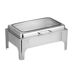 Premium Stainless Steel Double Compartment Chafing Dish Buffet Server with Glass Viewing Lid, Silent Soft-Close Cover, Food Warmer & Cooler Catering Buffet Set, Heavy Duty Mirror Finish Rectangular Chafer for Hotels, Restaurants, Weddings & Parties – 9L
