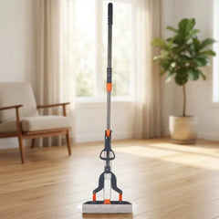 Hands-Free Self-Wringing Sponge Mop with Double-Fold Squeeze Mechanism, 27 CM Grooved Absorbent Head, Telescopic Stainless Steel Handle & Wet/Dry Floor Cleaning
