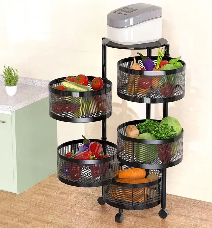 Multi Layer Round Metal Kitchen Storage Rack with Rotating Shelves & Wheels