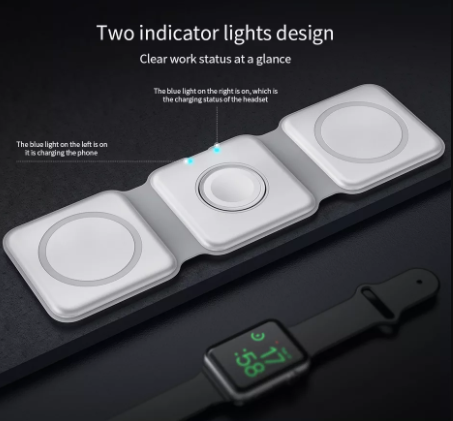 شاحن سفر لاسلكي مغناطيسي محمول قابل للطي 3 في 1 بقوة 15 وات للهواتف الذكية وiWatch وAirpods